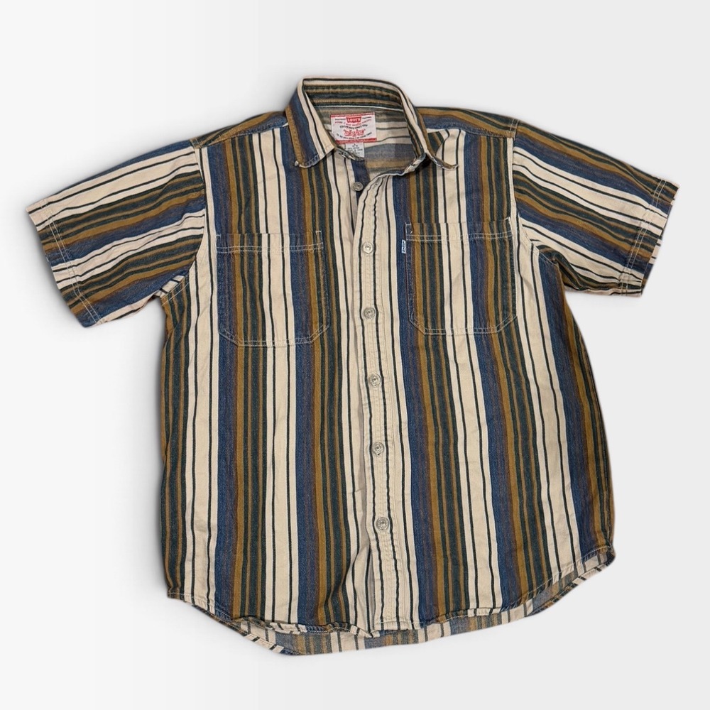 Levis Vintage 90s Large Striped Denim Button Down Shirt Green Brown Short Sleeve